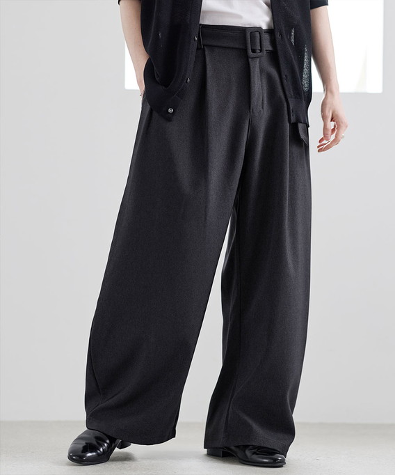 ワイドパンツ パンツ メンズ 春 夏 ポリエステル 綿 ベルト付き タック