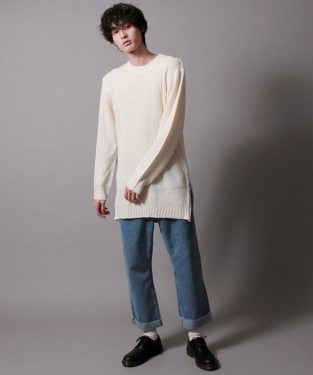 畦編み ロング丈 モックネック サイドジップ ニット スリット