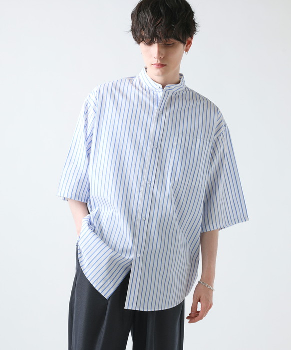 シャツ 半袖 バンドカラー メンズ ファッション ブロード ビッグ