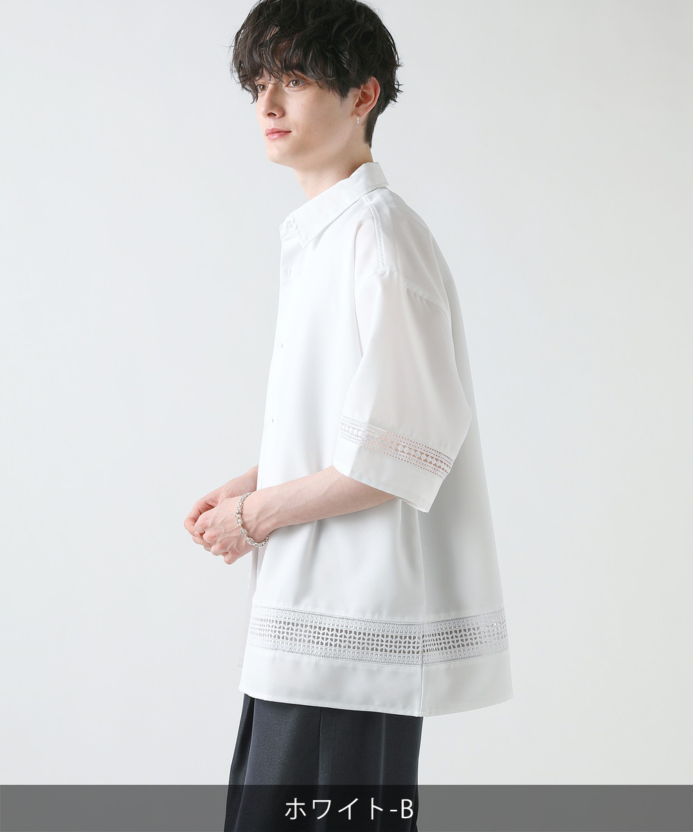 【半袖シャツ】ハーフボタン ニット切替 刺繍 プリント リブ ワントーン L 半袖シャツ】ハーフボタン ニット切替 刺繍 プリント リブ