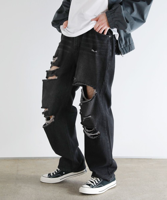 デニム パンツ メンズ ダメージ 加工 ワイド シ ルエット ヴィンテージ