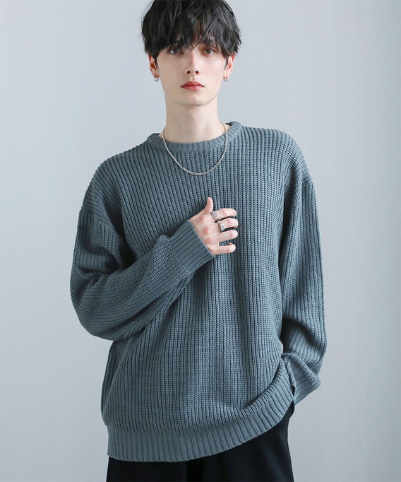 ニット メンズ ファッション クルーネック セーター トップス 長袖 畦