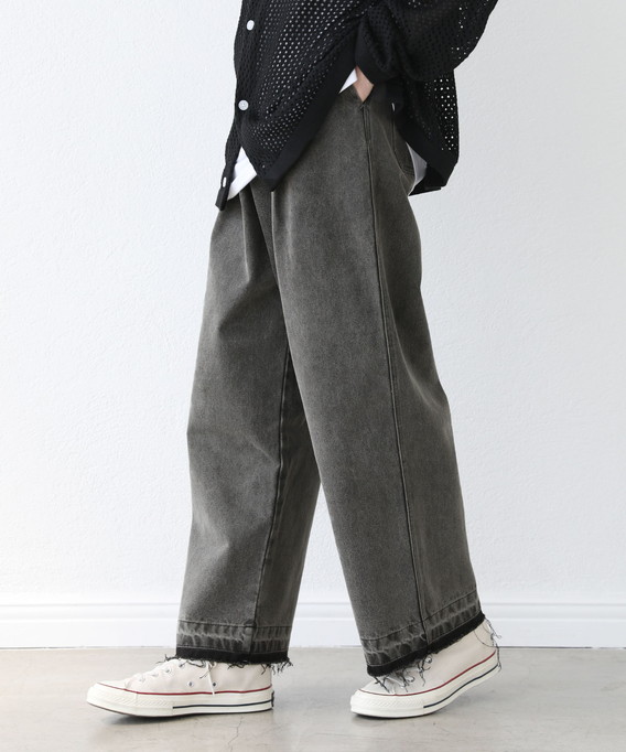 メンズ デニムパンツ ルーズ ハイウエスト フリンジ M00393 セール】ワンフォークロージング 1111clothing ワイドデニム