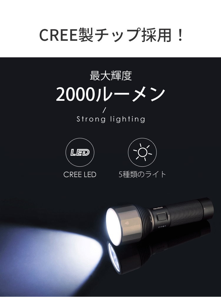 懐中電灯 2000ルーメン 最大380m照射 防水 Type-C充電 アルミ