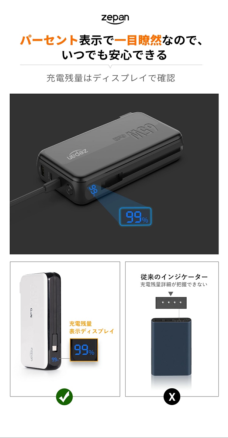 zepan-pd65】モバイルバッテリー 大容量 14400mAh ACアダプター