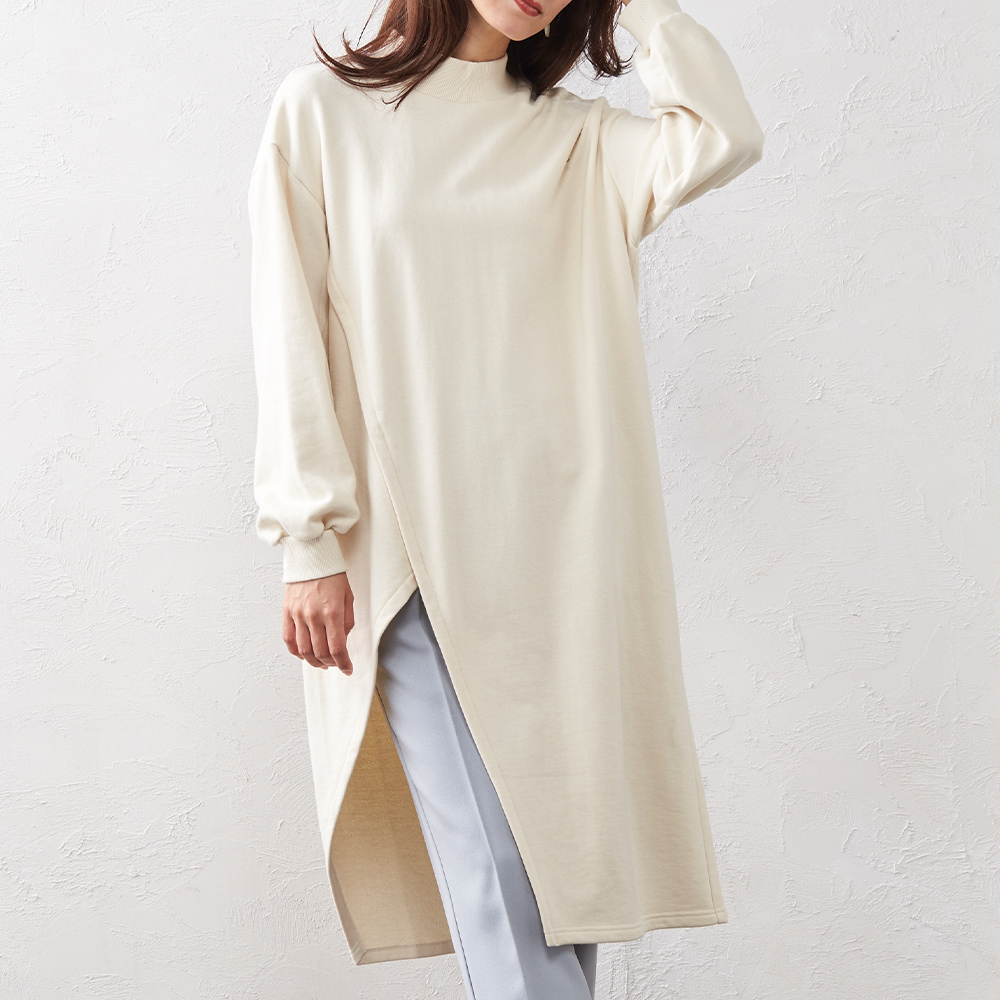 裏毛 トレーナー スウェット プルオーバー チュニック モックネック レディース トップス 長袖 秋冬 アシンメトリー カットソー |  | 01