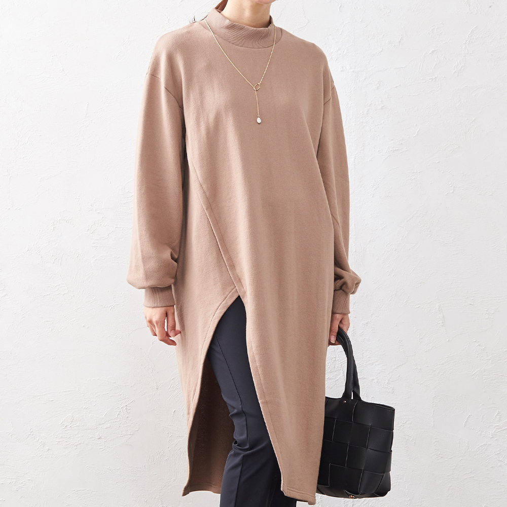 裏毛 トレーナー スウェット プルオーバー チュニック モックネック レディース トップス 長袖 秋冬 アシンメトリー カットソー |  | 02