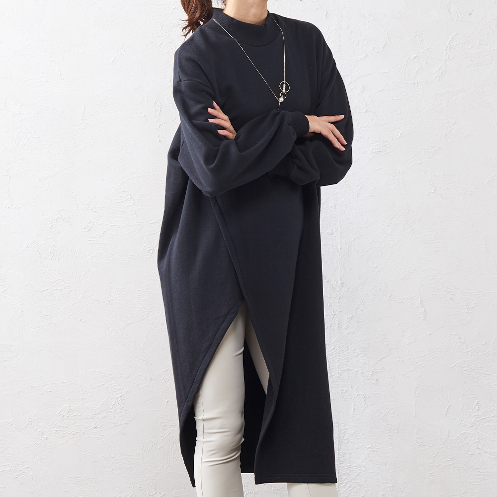 裏毛 トレーナー スウェット プルオーバー チュニック モックネック レディース トップス 長袖 秋冬 アシンメトリー カットソー |  | 04