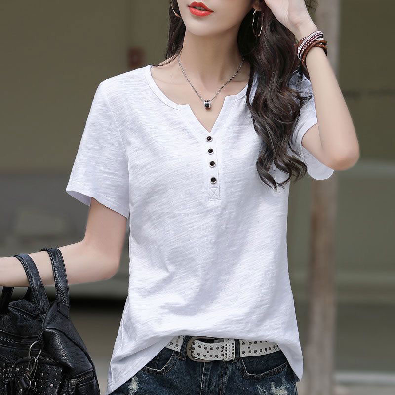 Tシャツ レディース Vネック 無地 ボタン飾り トップス 上着 夏