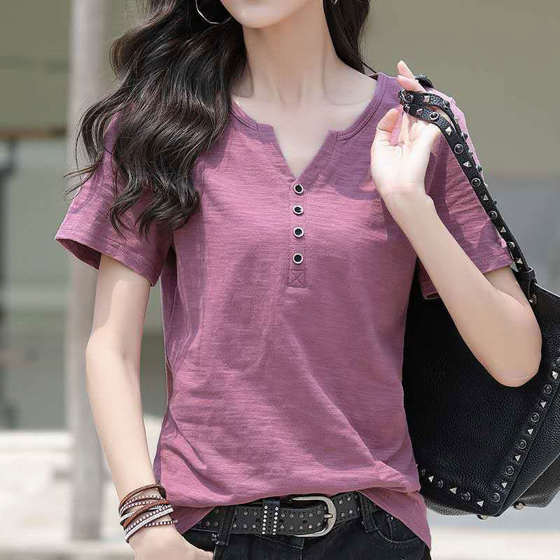 Tシャツ レディース Vネック 無地 ボタン飾り トップス 上着 夏 Tシャツ レディース Vネック 無地 ボタン飾り トップス 上着 夏