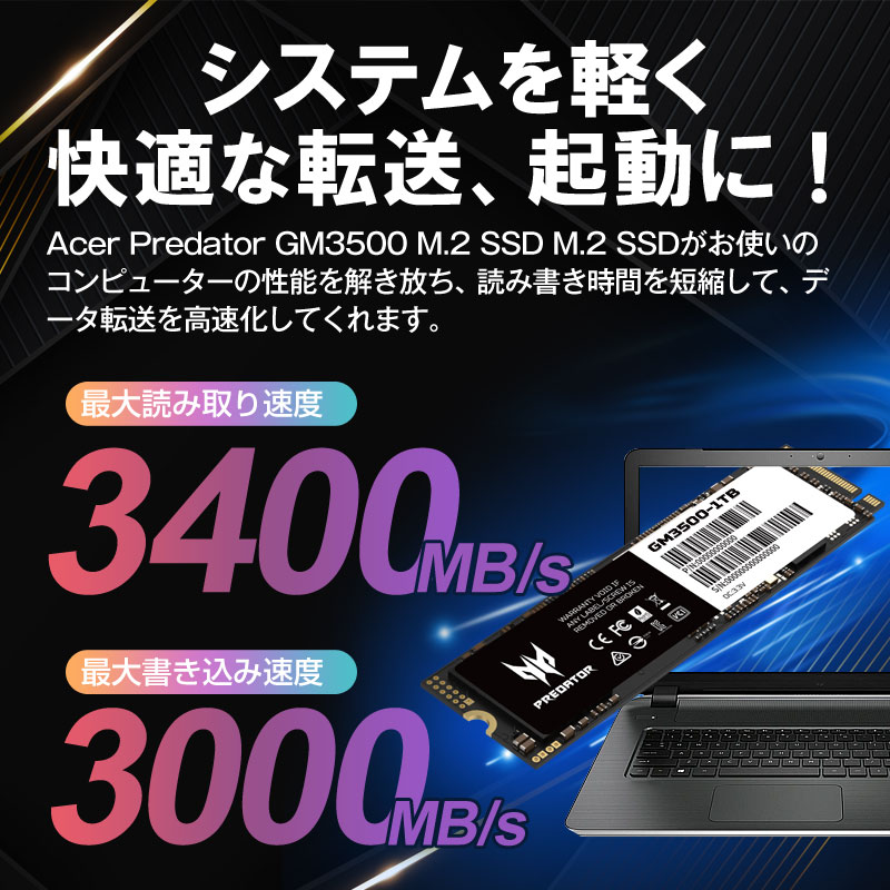 Acer Predator 1TB【3D NAND TLC】M.2 2280 PCIe Gen3x4 NVMe SSD R: 3400MB/s W: 3000MB/s DRAM搭載 GM3500 5年保証 翌日配達送料無料｜spd-shop｜03