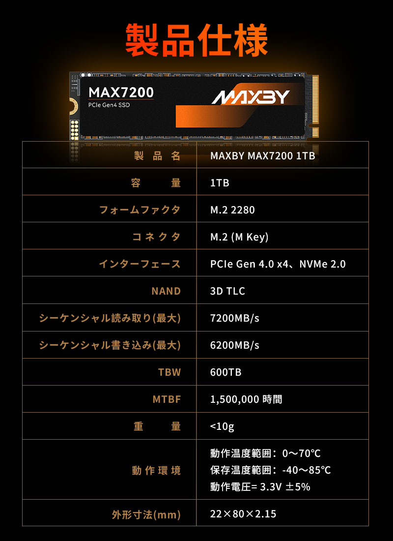 MAXBY 1TB NVMe 2.0 SSD PCIe Gen 4x4 R:7200MB/s W:6200MB/s M.2 2280