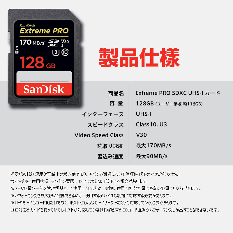 SDXCカード 128GB サンディスク Extreme Pro UHS-I U3 170MB/s V30 4K