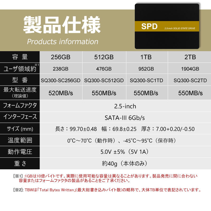 SPD SSD 2TB 2.5インチ 7mm 内蔵型SSD SATAIII 6Gb/s 550MB/s 3D NAND