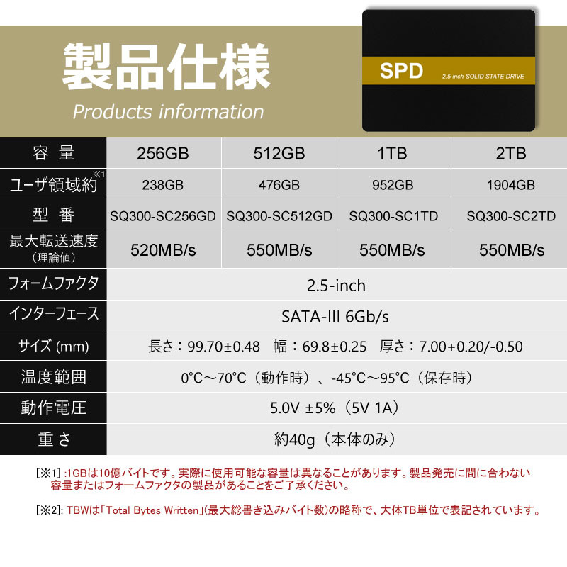 SPD SSD 1TB 2.5インチ 7mm 内蔵型SSD SATAIII 6Gb/s 550MB/s 3D NAND 