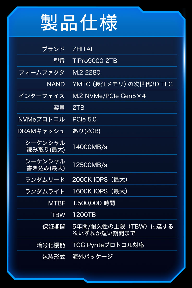 ZHITAI YMTC ZHITAI 2TB 内蔵SSD NVMe M.2 2280 R:14000MB/s W:12500MB
