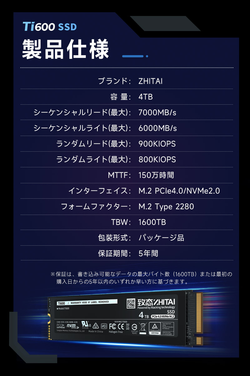 M.2 SSD 2TB R:7000MB/s W: 6500MB/s新品未使用 SSD M.2 NVMe 2TB（最大読取 7000MB/s 最大書込 6500MB/s）NVMe