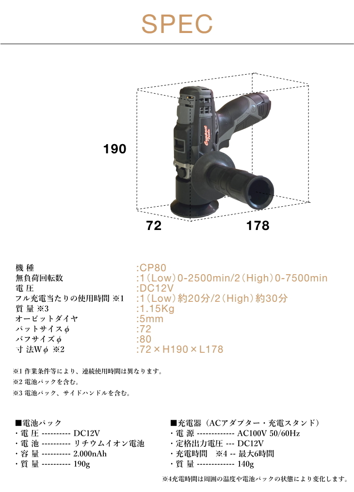 CP80 電動ミニハイブリット ランダム ポリッシャー 80mm コードレス 1 