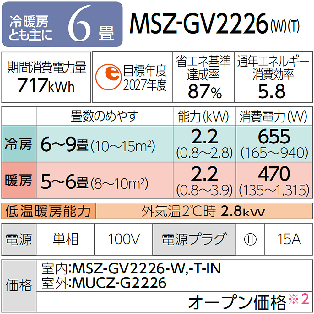 霧ヶ峰 2026年モデル 家庭用エアコン 6畳 三菱電機 msz 2.2kw MSZ
