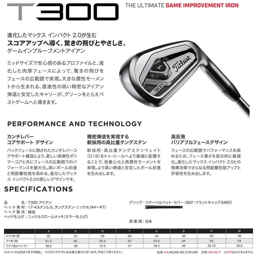 タイトリスト 2021 T300 アイアン #6〜PW 5本組 NSPRO ZELOS6 ゼロス6