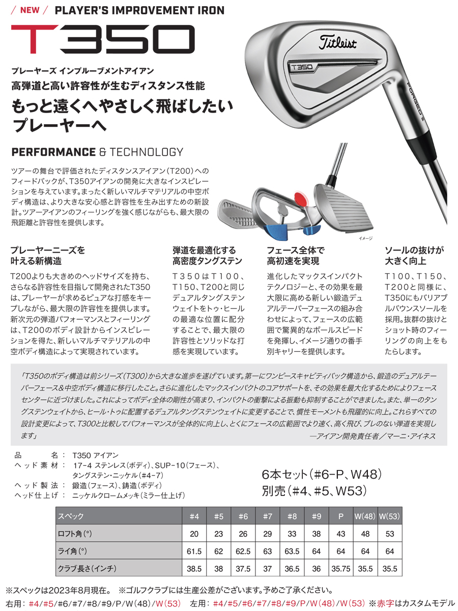 2023 T350 #6〜PW+WEDGE48度 6本組 PROJECT X(プロジェクトX