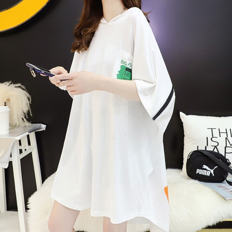 ロングTシャツ レディース 半袖 韓国 白 黒 tシャツ ワンピース フード
