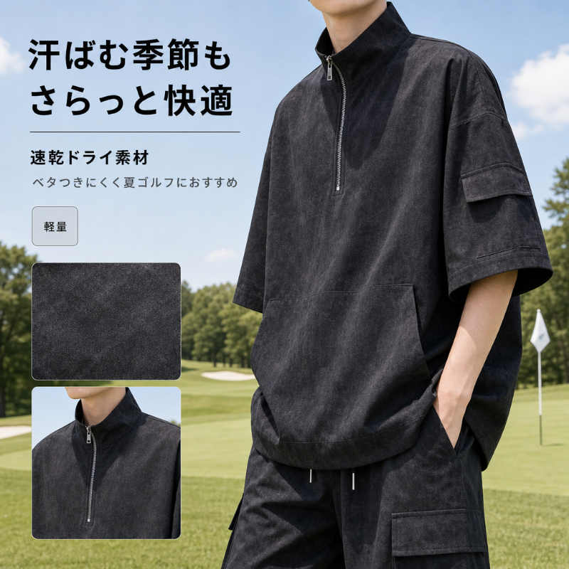 ゴルフウェア メンズ セットアップ 夏 半袖 UVカット 速乾 ドライ 軽量