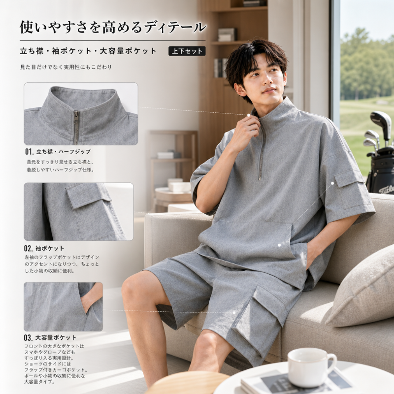 ゴルフウェア メンズ セットアップ 夏 半袖 UVカット 速乾 ドライ 軽量