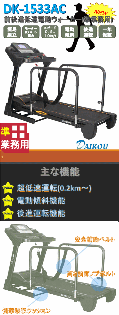 人気絶頂 スピード0 2 10km H 低速から高速まで対応 後進運転もできちゃう Daikou ダイコー Dk 1533ac 準業務用前後進低速電動ウォーカー ルームランナー ランニングマシン ダイエット器具