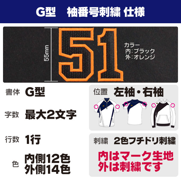 番号刺繍  G型 / 野球 ウェア 袖 刺繍 オーダー 名入れ チーム マーク ネーム  MADEin自分刺繍対象商品