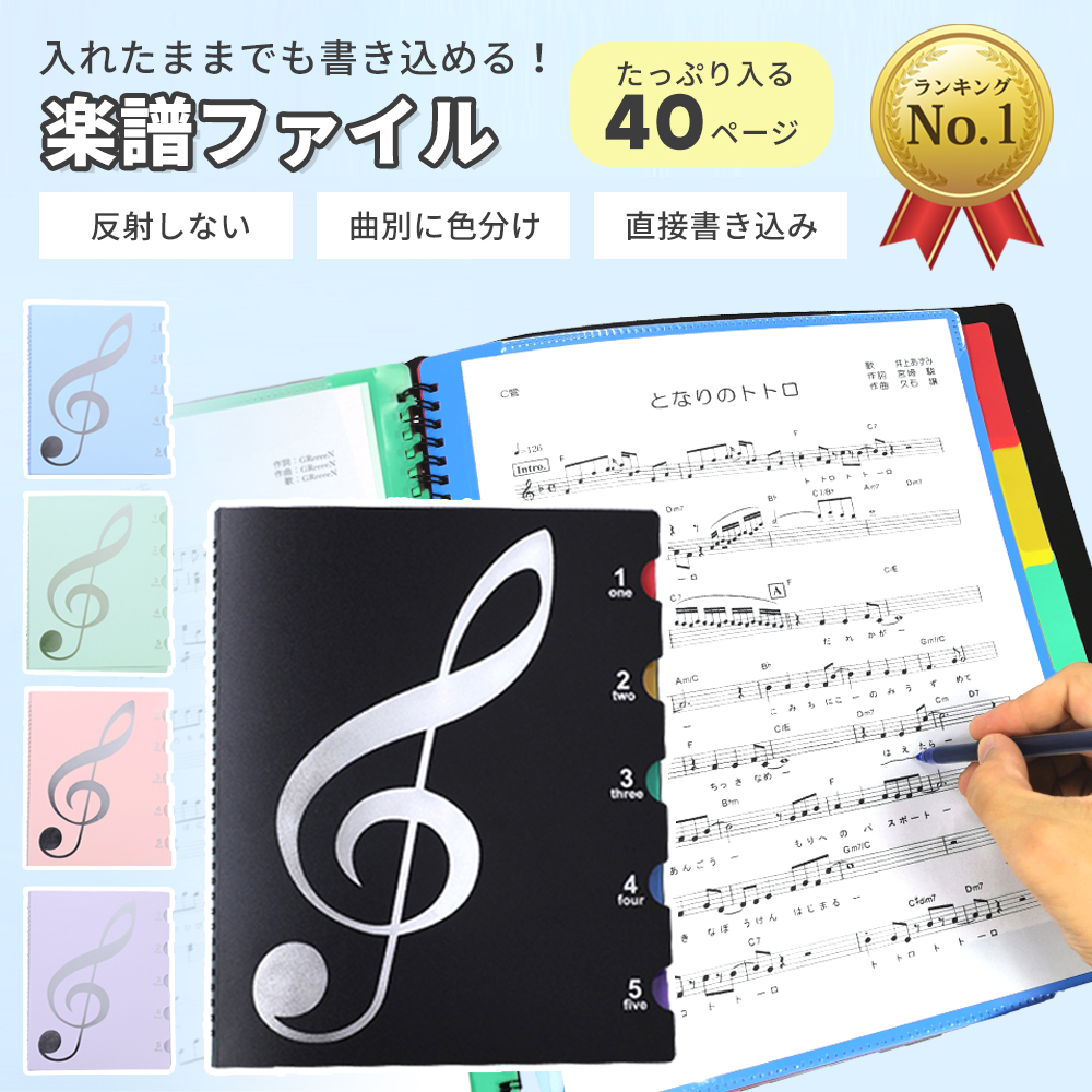 書き込める楽譜ファイル A4サイズ 譜面 20枚40面 反射を抑える