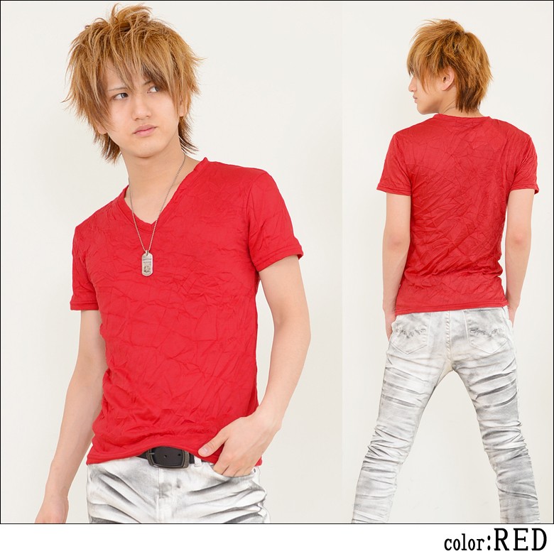 メンズ カジュアル ラウンドネック ダメージ加工 半袖Tシャツ Tシャツ メンズ ティーシャツ 無地シワ加工VネックTシャツ