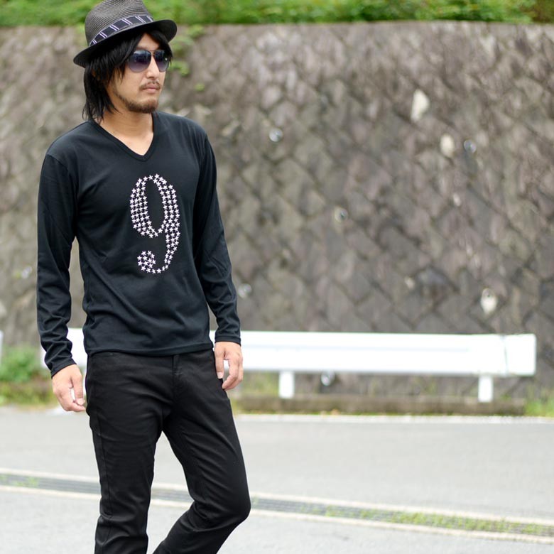 Tシャツ メンズ ロンT 長袖Tシャツ 長袖 Vネック スタッズ