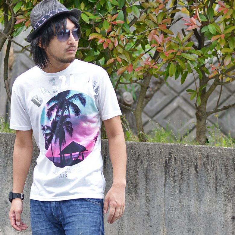 昇華転写＆箔プリントリゾートTシャツ メンズ 半袖 Tee