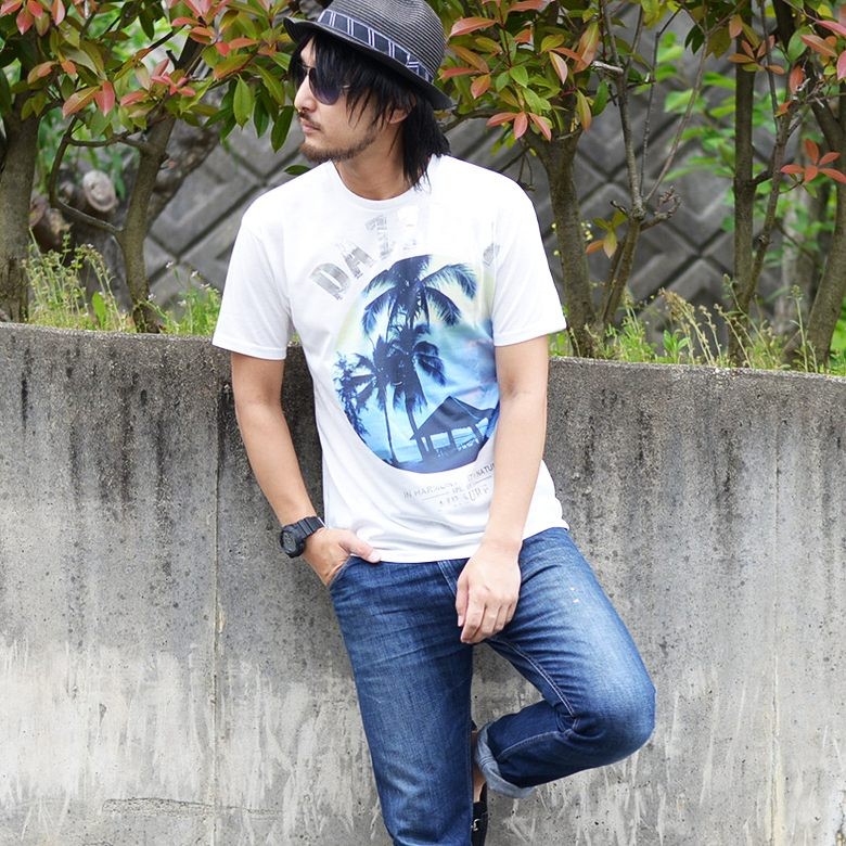 昇華転写＆箔プリントリゾートTシャツ メンズ 半袖 Tee