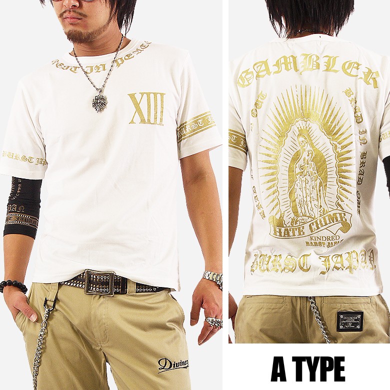 メンズ 半袖Tシャツ クルーネック 丸首 金ラメ アウトロー