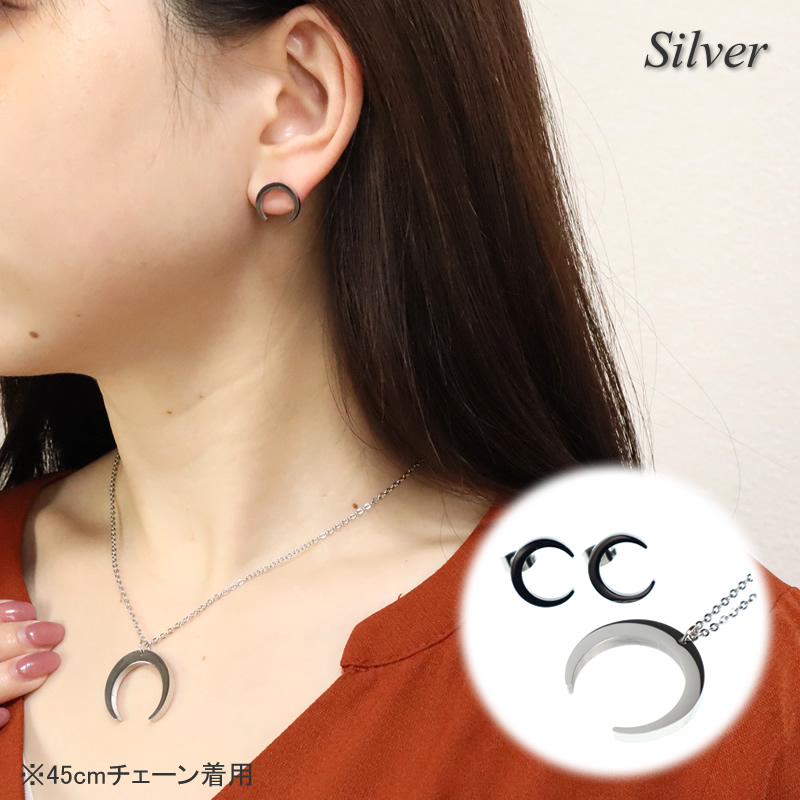 ピアス ネックレス 月型 セット 金属アレルギー対応 ステンレス製 両耳 