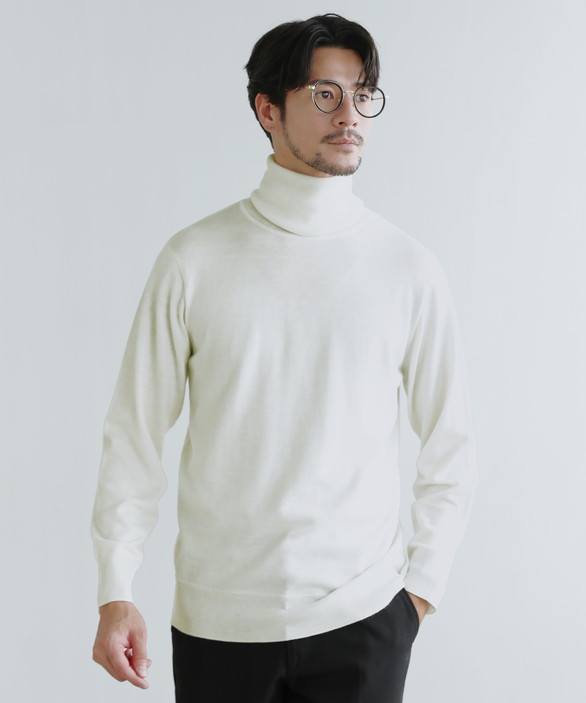 BOBOUTIC タートルネックニット　オーバーサイズ　ウールシルク混 タートルネックニット メンズ 秋 冬 セーター 14G ハイゲージ シープ