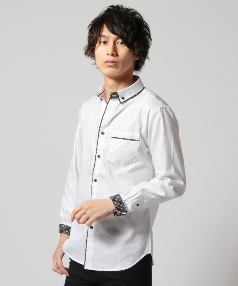 チェックシャツ メンズ シャツ チェック シャドーチェック ダブルカラー 2枚襟 ボタンダウン 形態｜spu｜02
