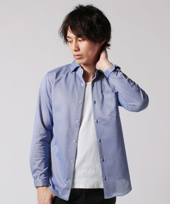 シャツ メンズ 日本製 ニット ピケ ストライプ ホリゾンタル カラー 長袖 カット 国産｜spu｜02