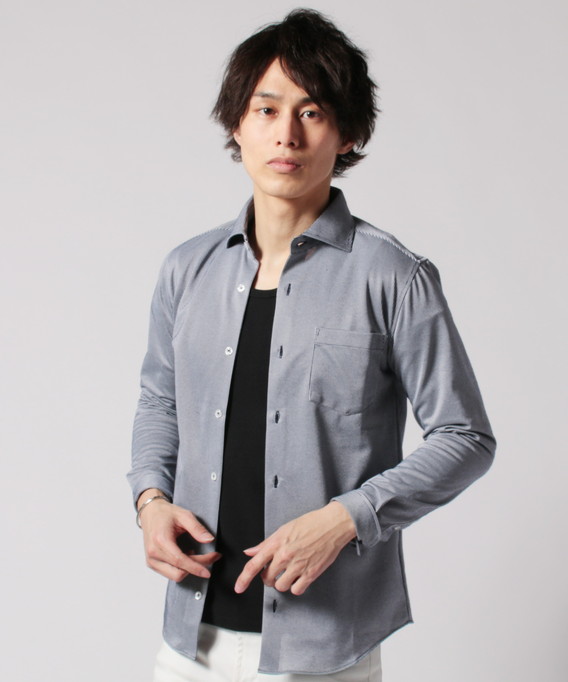 シャツ メンズ 日本製 ニット ピケ ストライプ ホリゾンタル カラー 長袖 カット 国産｜spu｜03