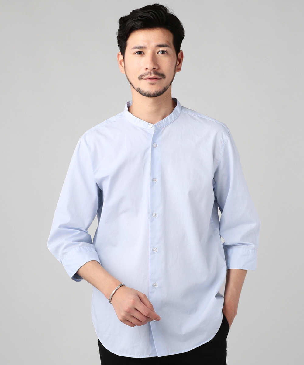 シャツ ノーカラーシャツ カジュアルシャツ メンズ 日本製 国産 ブロード ナノファイン 制菌加工 ...