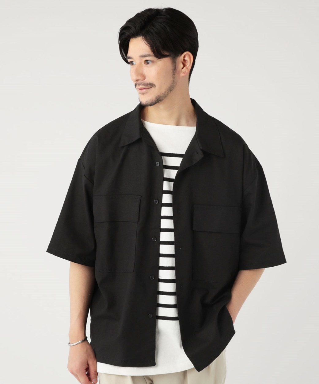 シャツ オープンカラーシャツ メンズ 綿 麻 レーヨン フラップ