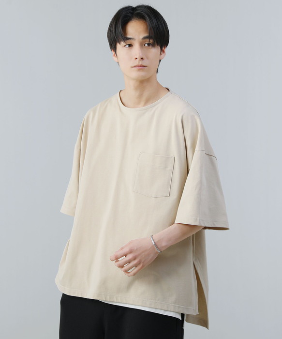 綿Tシャツ メンズ Mサイズ バケーション柄 クルーネック 半袖 美品 タカキュー TAKA-Q 【DRESS TーSHIRT】綿ストレッチ クルー