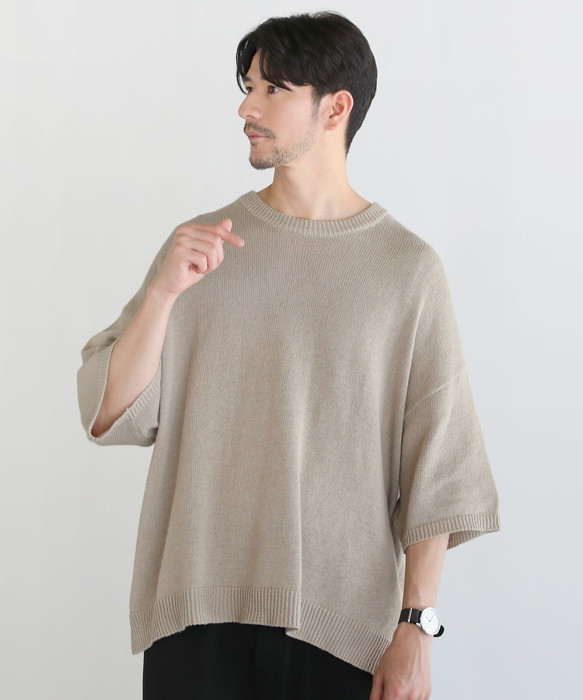 極美品ꕥMHL エムエイチエル コットン リネン 五分袖ニットトップス ニット トップス メンズ 夏 夏服 綿麻 コットン リネン 半袖 5分