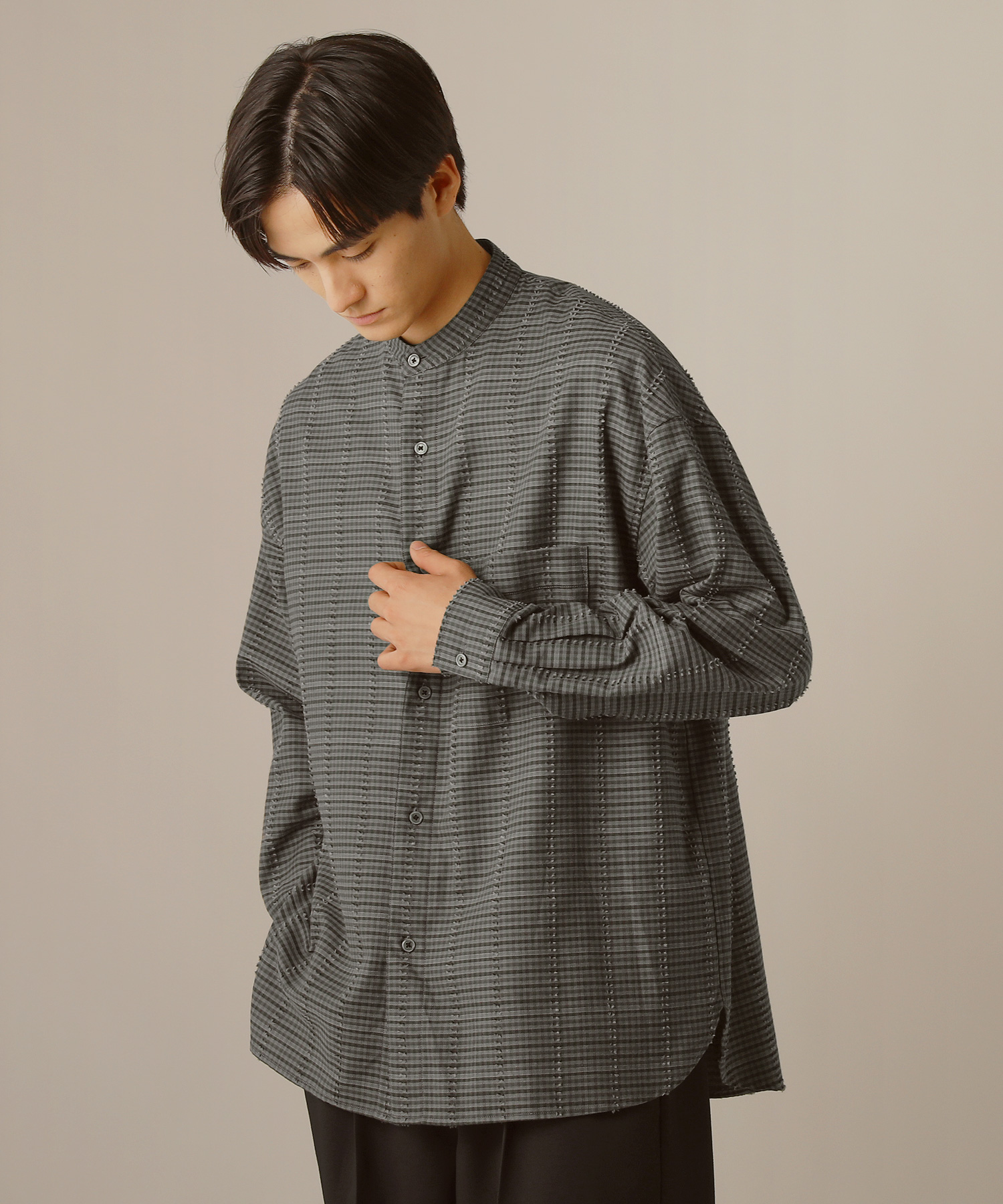 シャツ チェックシャツ メンズ 秋 秋服 長袖 バンドカラー フリンジ チェック ビッグシルエット SLICK スリック 5155824｜spu｜02