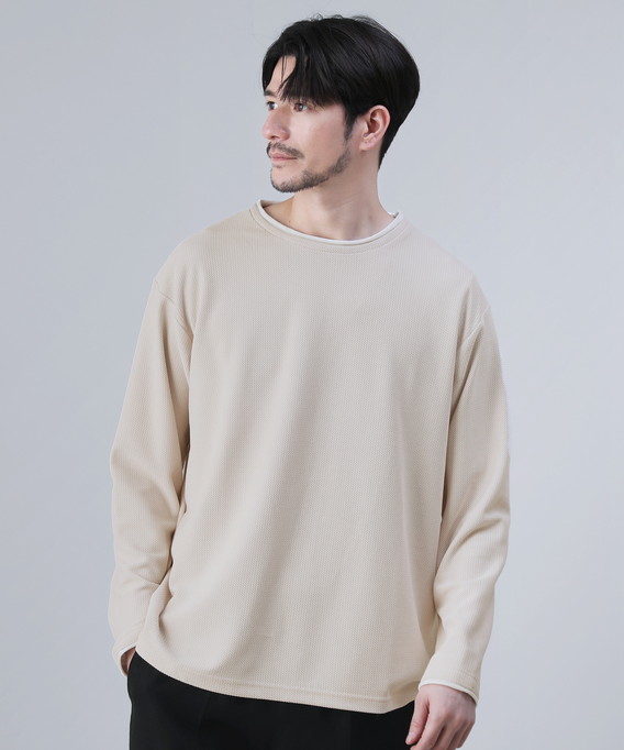 カットソー トップス メンズ フェイクレイヤード ジグザグ編み クルー