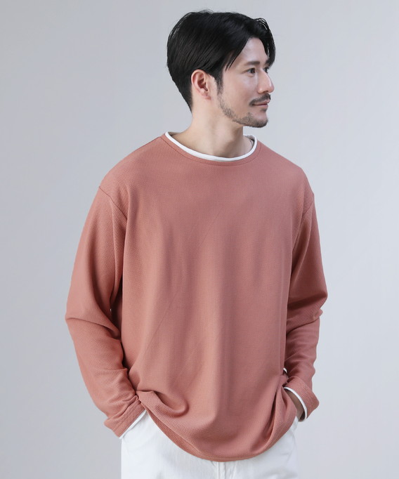 カットソー トップス メンズ フェイクレイヤード ジグザグ編み クルー