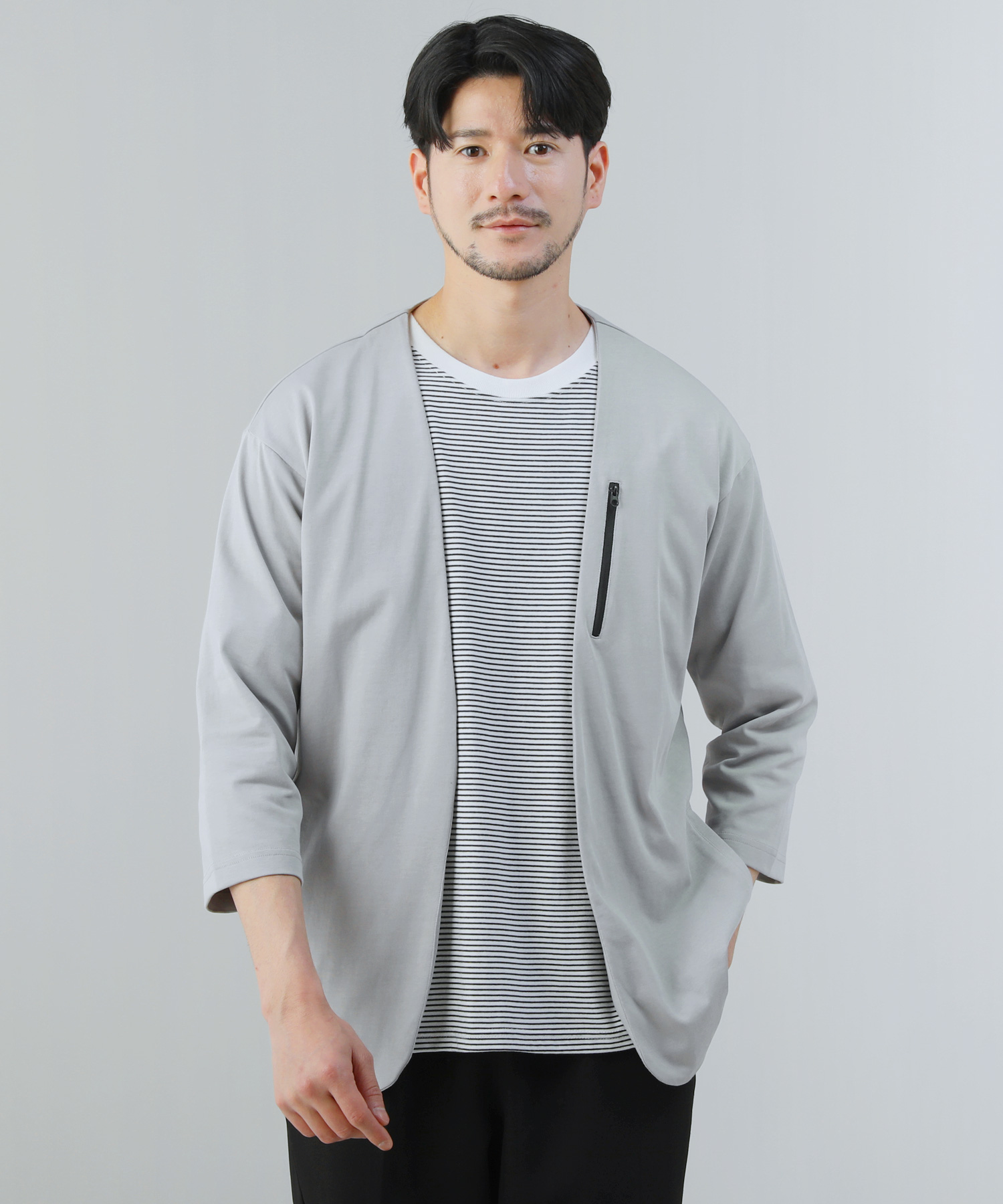 カーディガン メンズ 接触冷感 抗菌防止 ノーカラー ボタンレス 7分袖