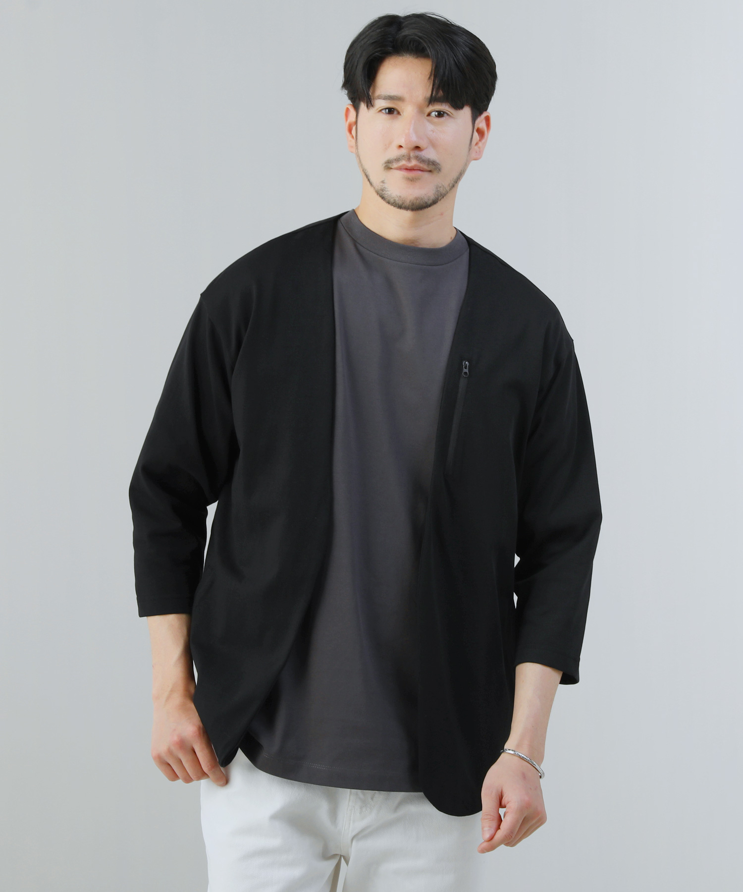 CABaN ボタンレス カーディガン サイズM ノーカラージャケット カーディガン メンズ 接触冷感 抗菌防止 ノーカラー ボタンレス 7分袖